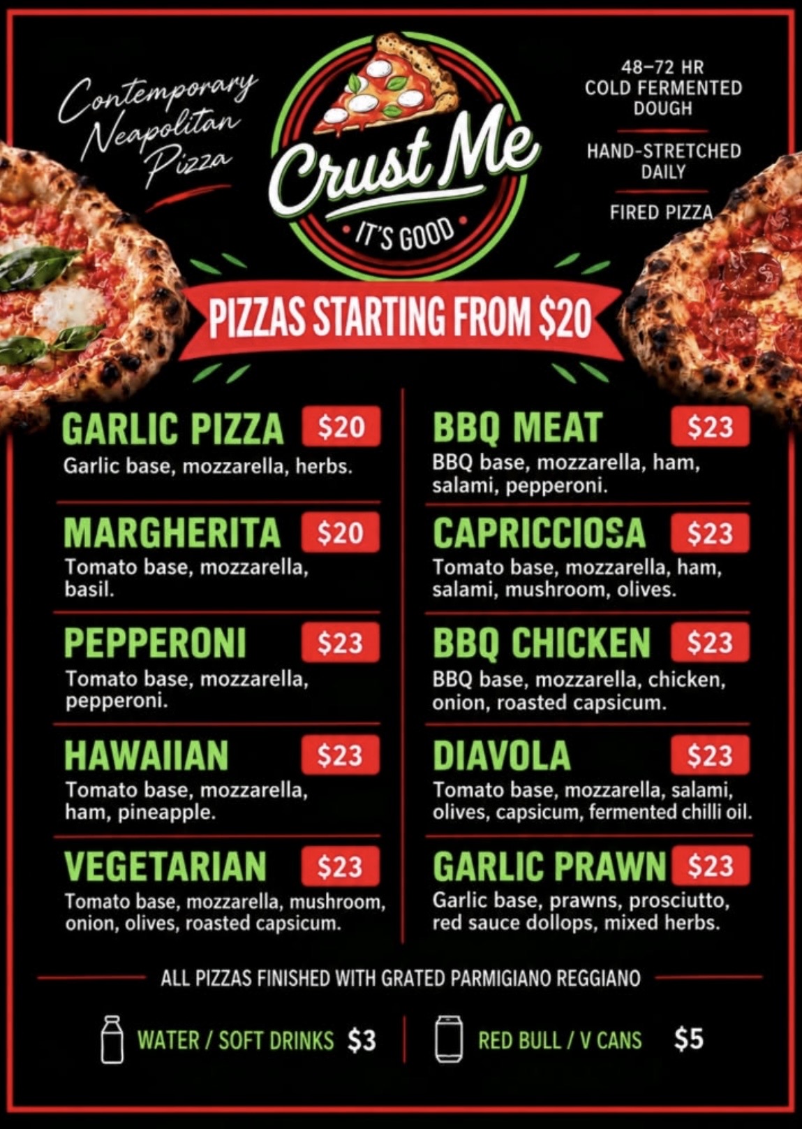 Crust Me current menu with pizza prices and ingredients